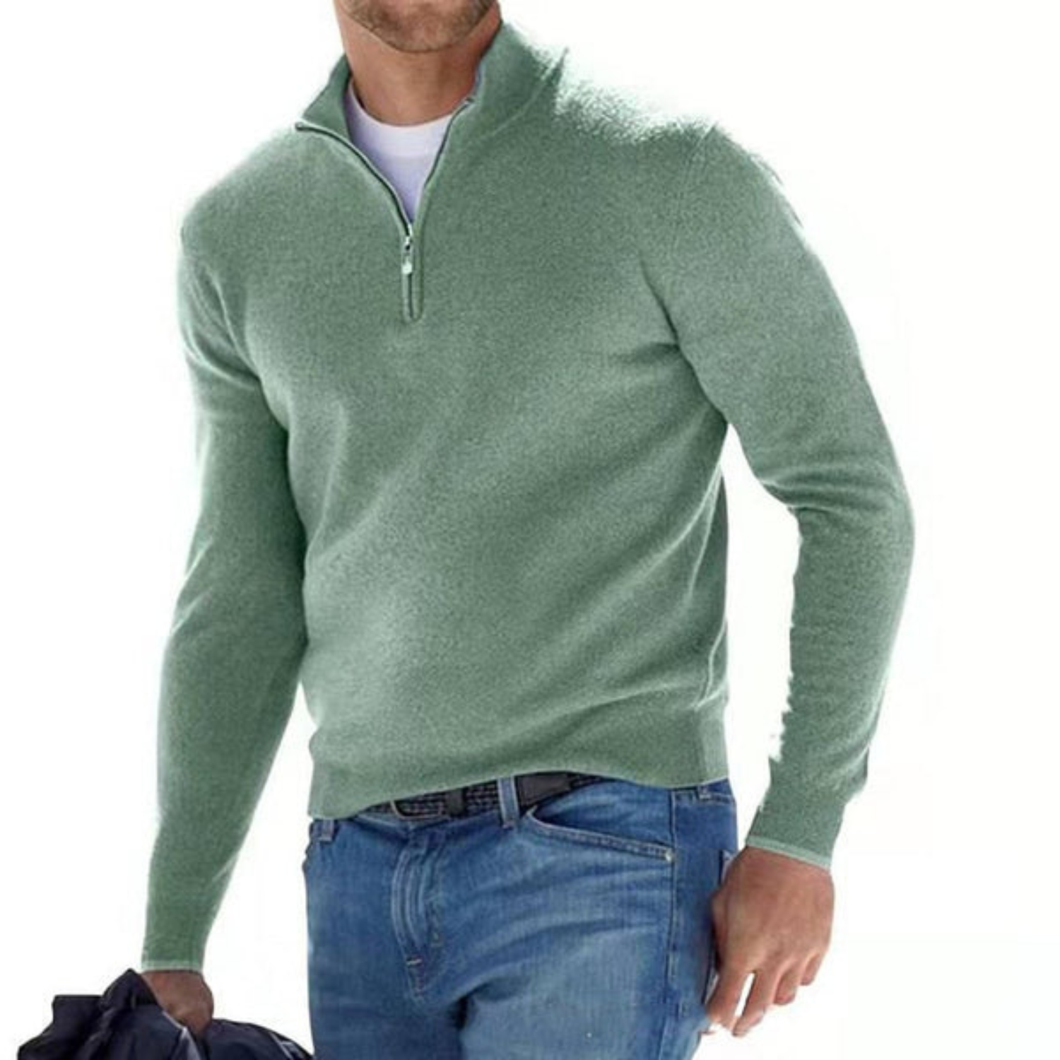 Herresweater i Merinould med V-Hals og Lynlås