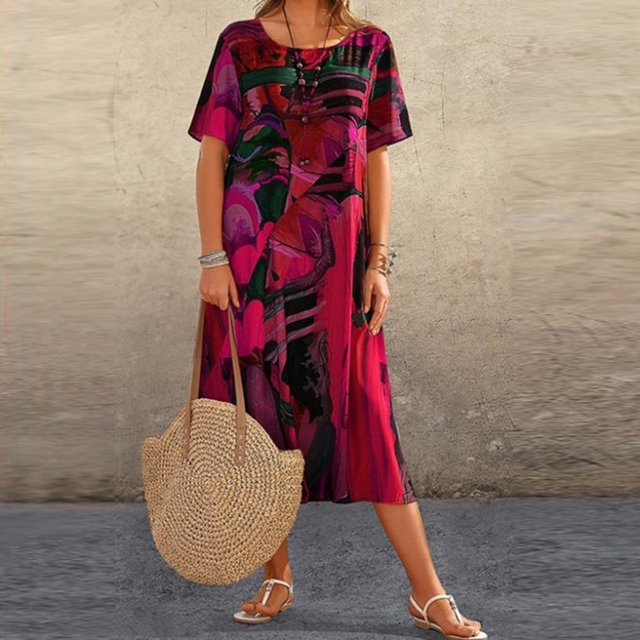 Yovi | Elegant Midi Kjole med Kunstnerisk Print