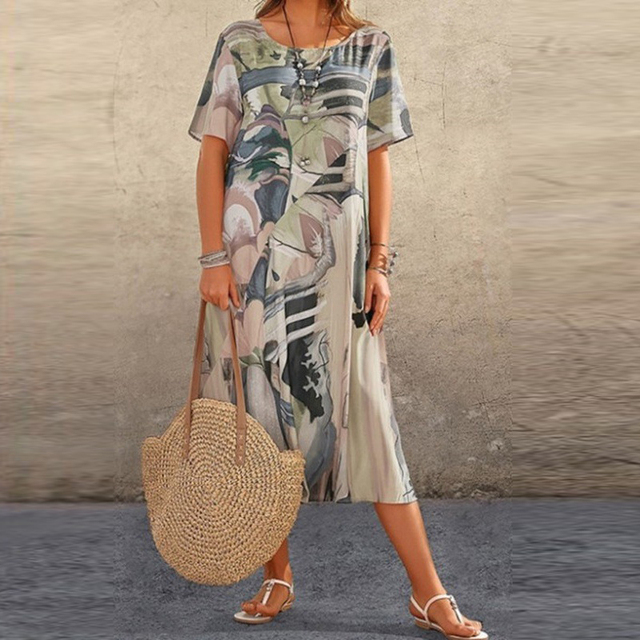Yovi | Elegant Midi Kjole med Kunstnerisk Print