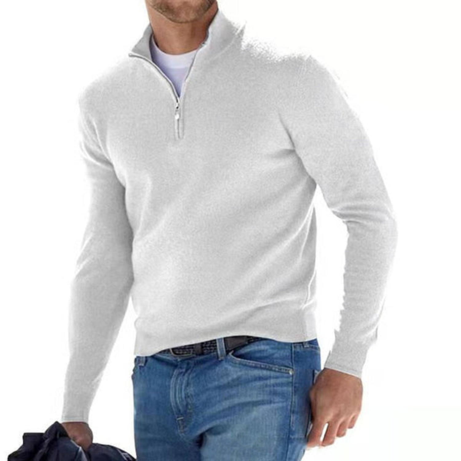 Herresweater i Merinould med V-Hals og Lynlås