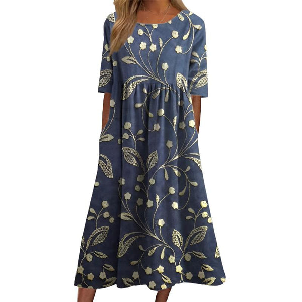 Margit | Elegant Blomstret Broderi Midi Kjole
