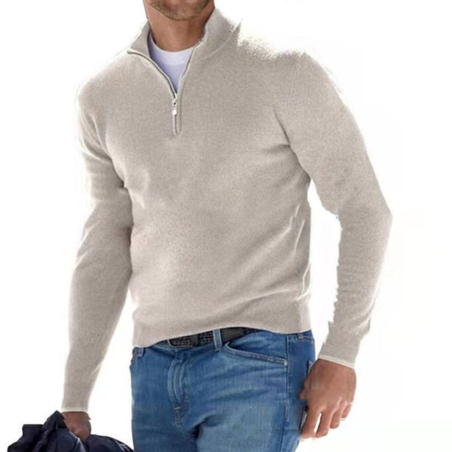 Herresweater i Merinould med V-Hals og Lynlås