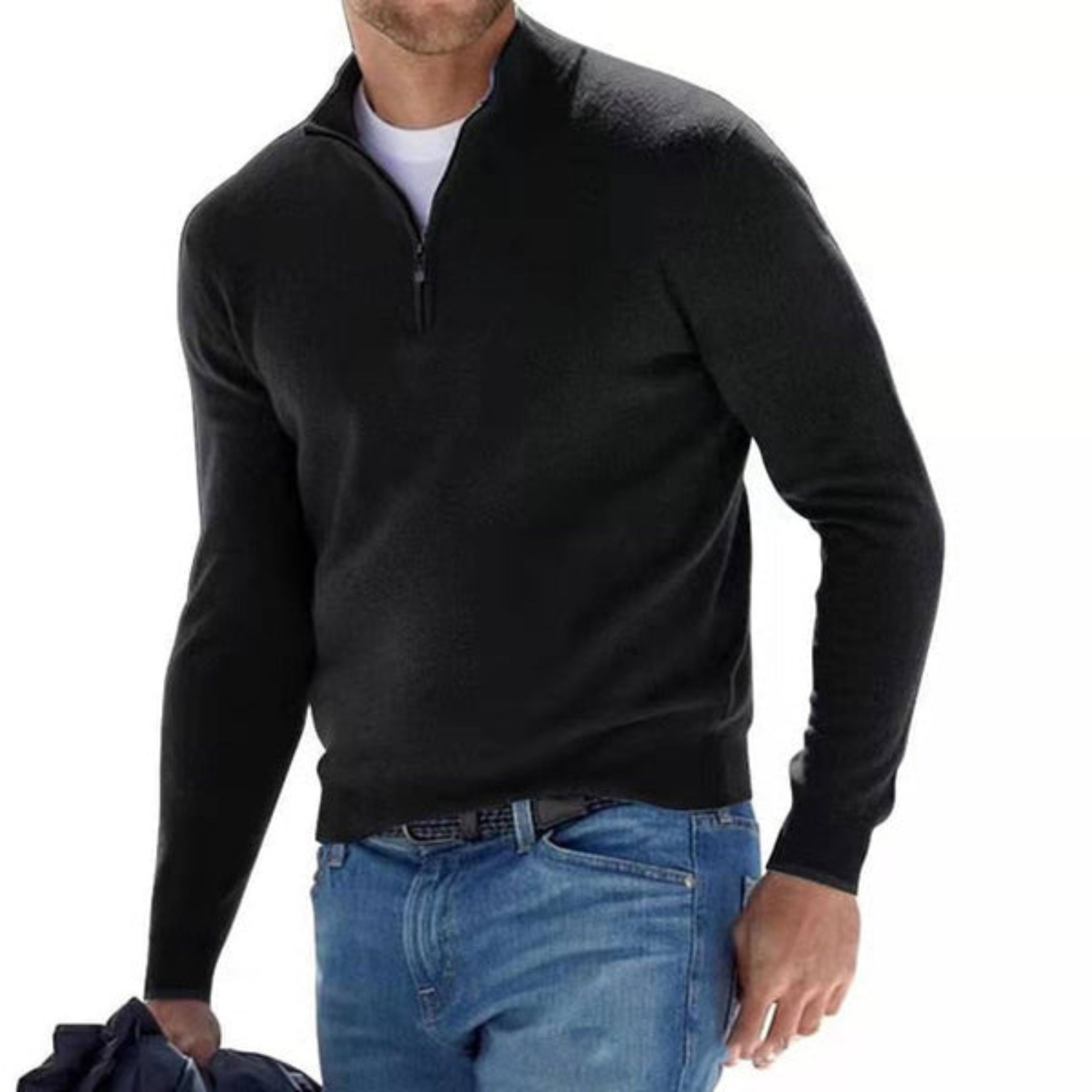 Herresweater i Merinould med V-Hals og Lynlås