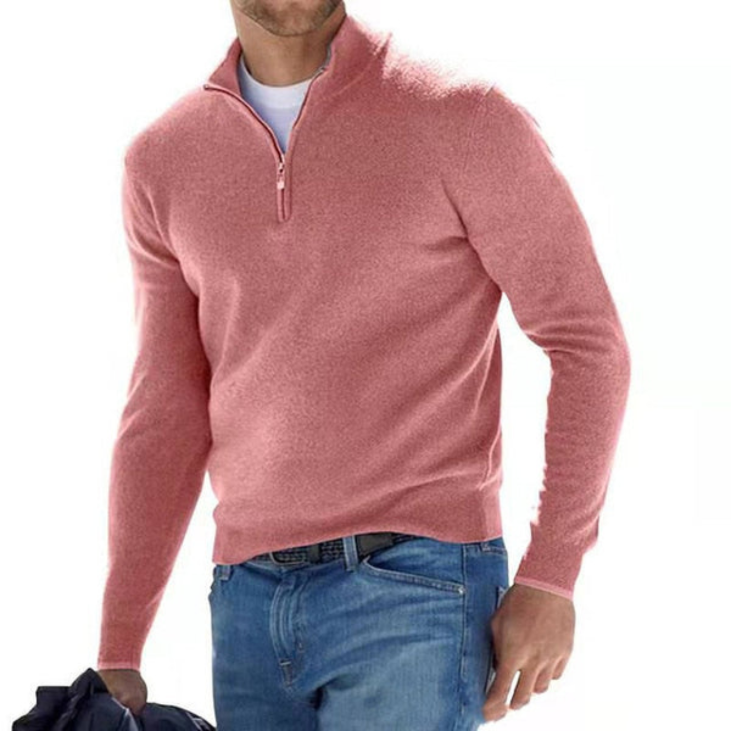 Herresweater i Merinould med V-Hals og Lynlås