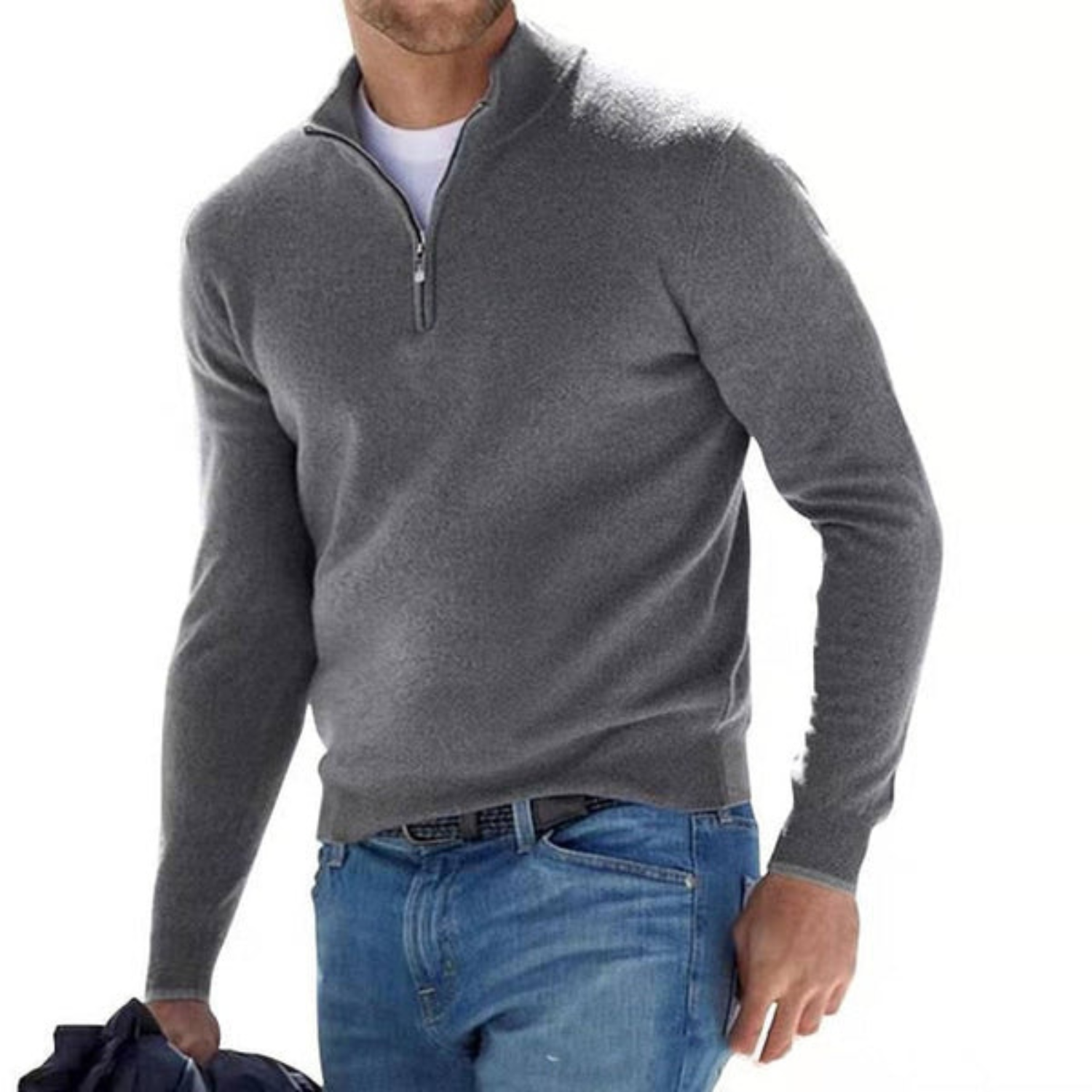 Herresweater i Merinould med V-Hals og Lynlås