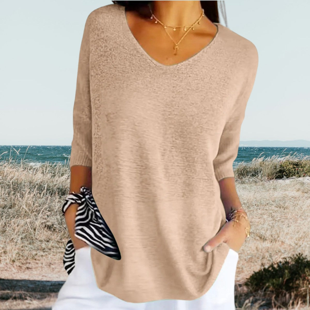 Damebluse med V-Hals til Sommer