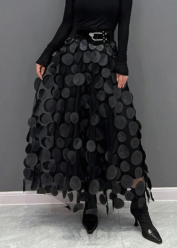 Christel | Elegant Sort Prikket Tylskørt med Patchwork
