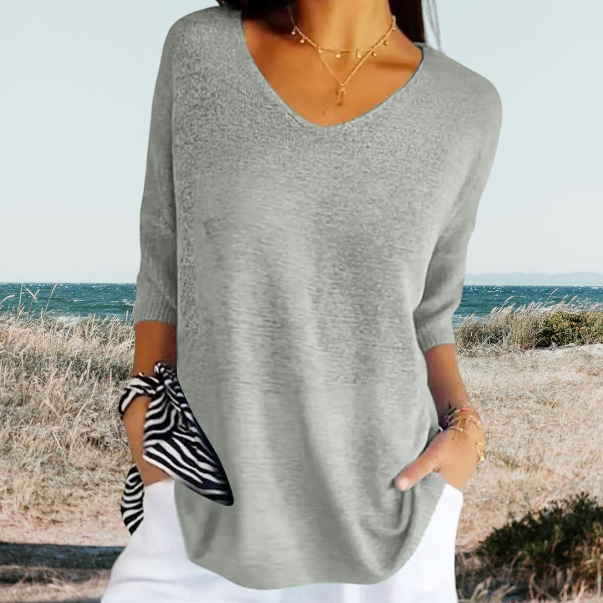 Damebluse med V-Hals til Sommer