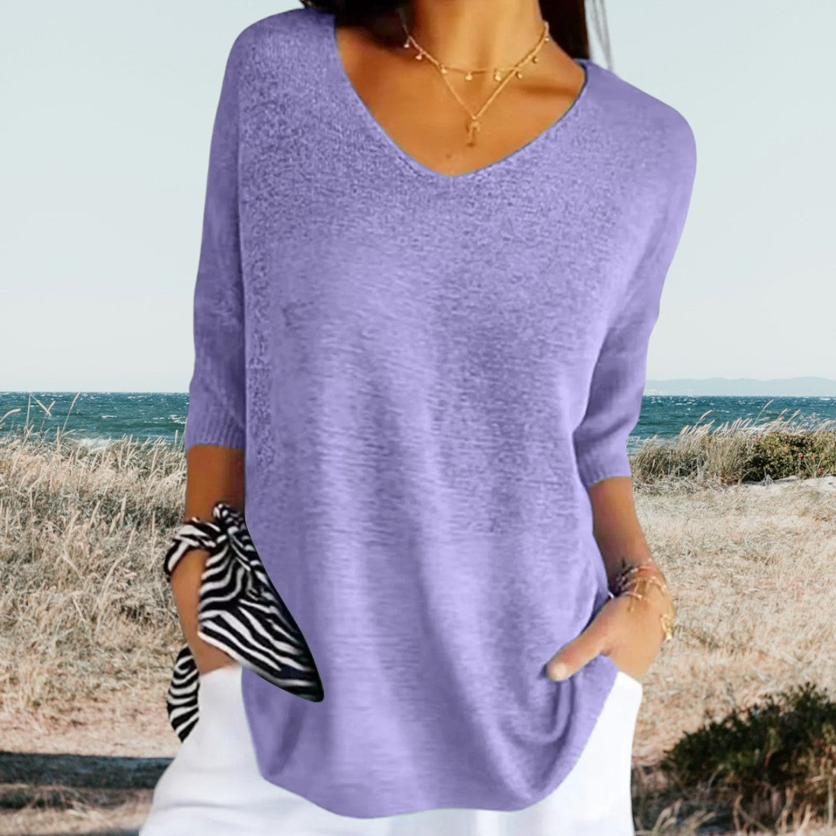 Damebluse med V-Hals til Sommer
