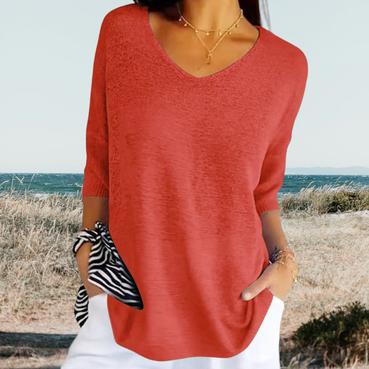 Damebluse med V-Hals til Sommer