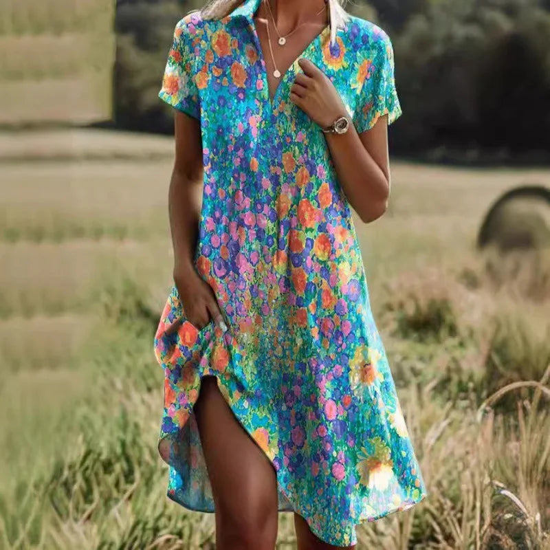 Carla | Elegant Blomstret Kjole med V-hals og Knapper