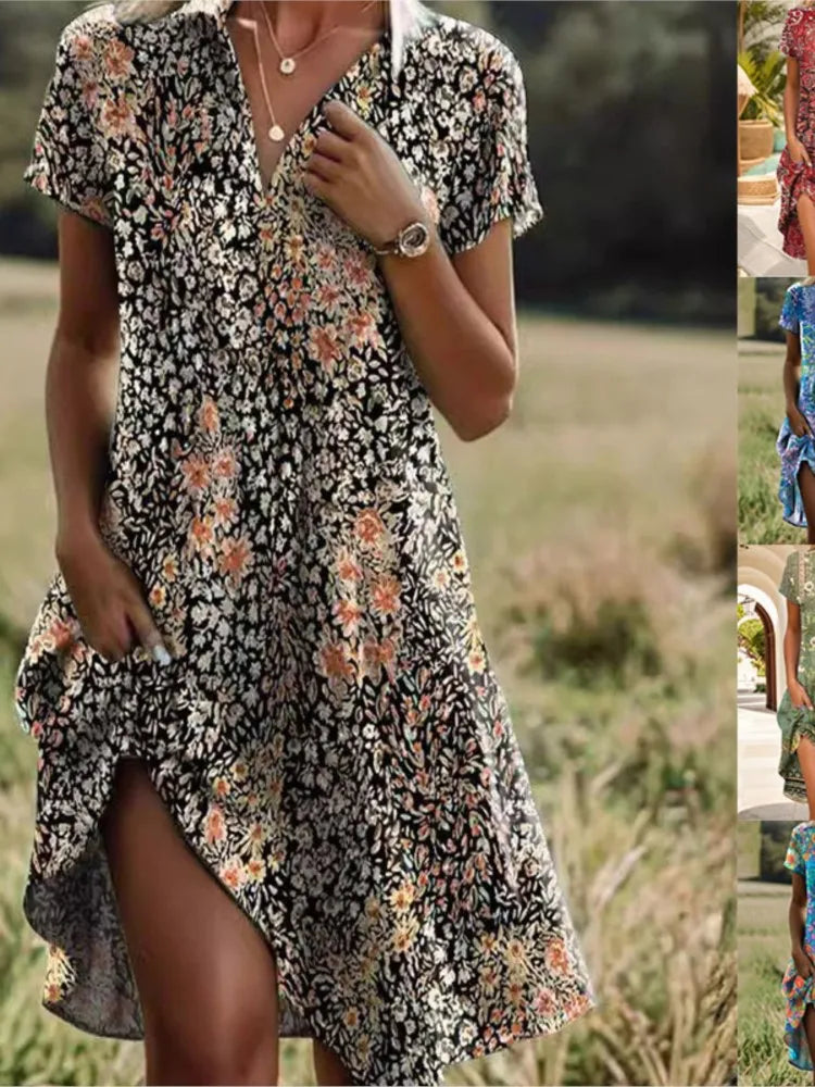 Carla | Elegant Blomstret Kjole med V-hals og Knapper