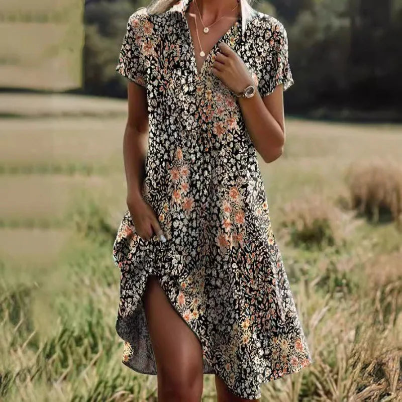 Carla | Elegant Blomstret Kjole med V-hals og Knapper
