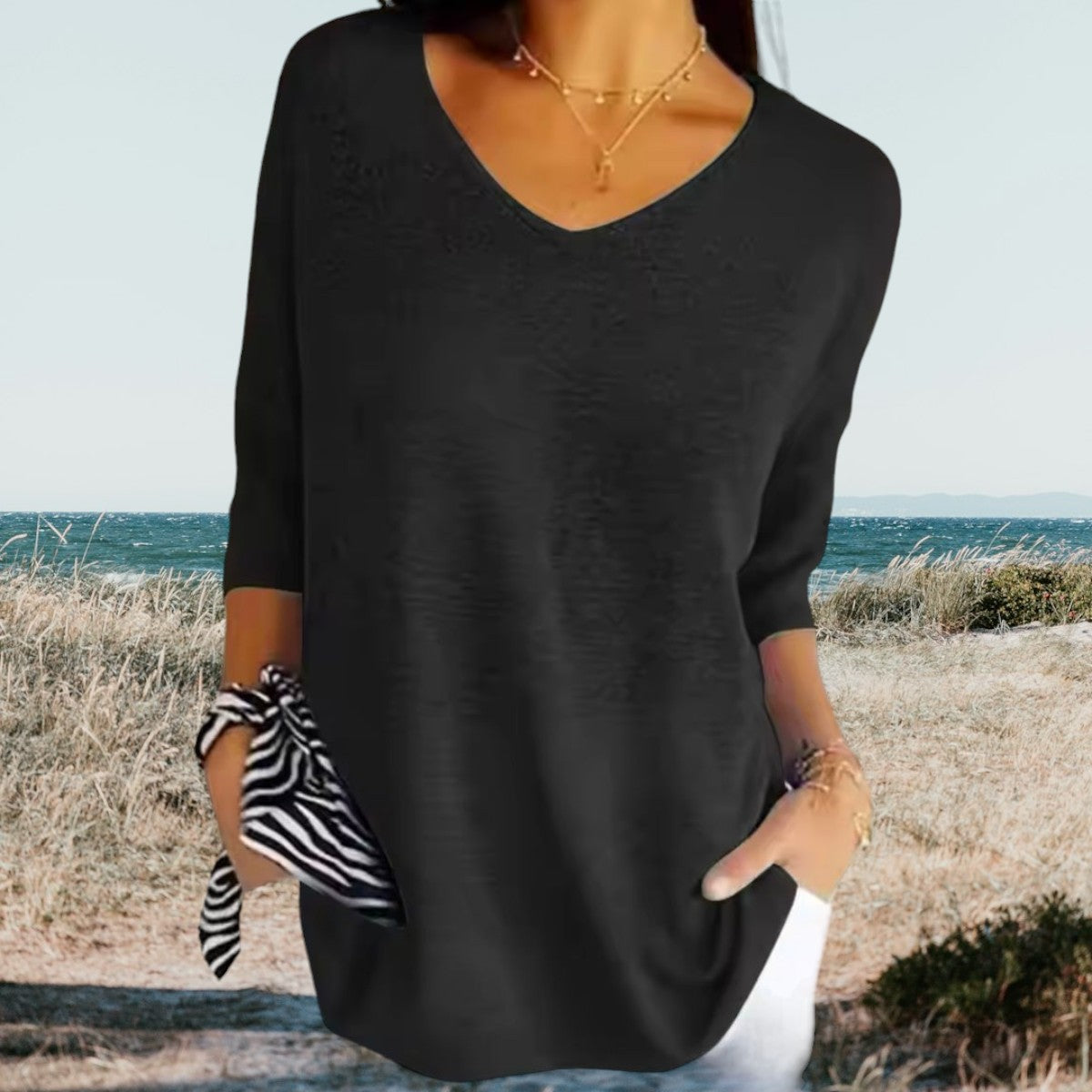 Damebluse med V-Hals til Sommer