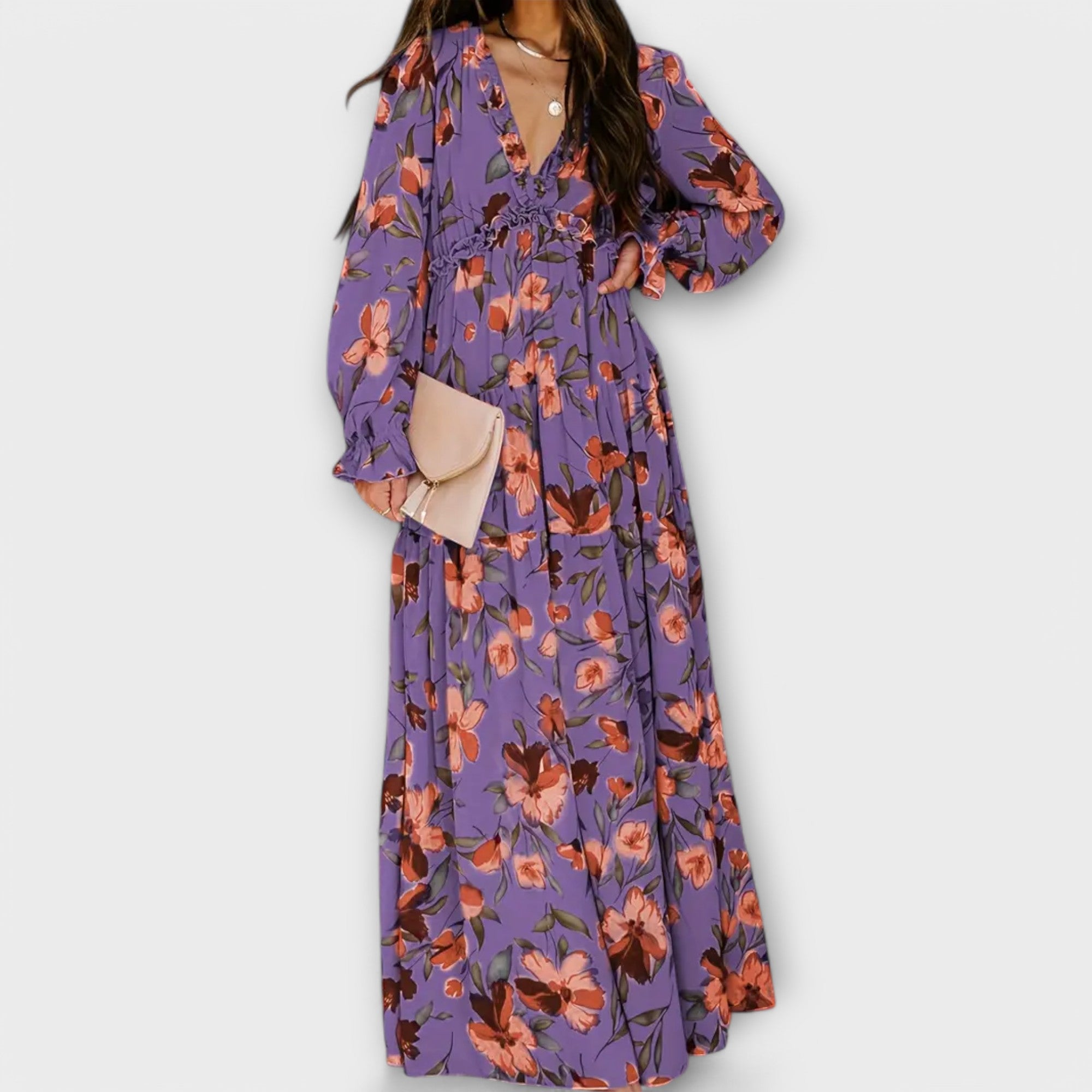 Elle | Blomstret Maxi Kjole med V-Hals