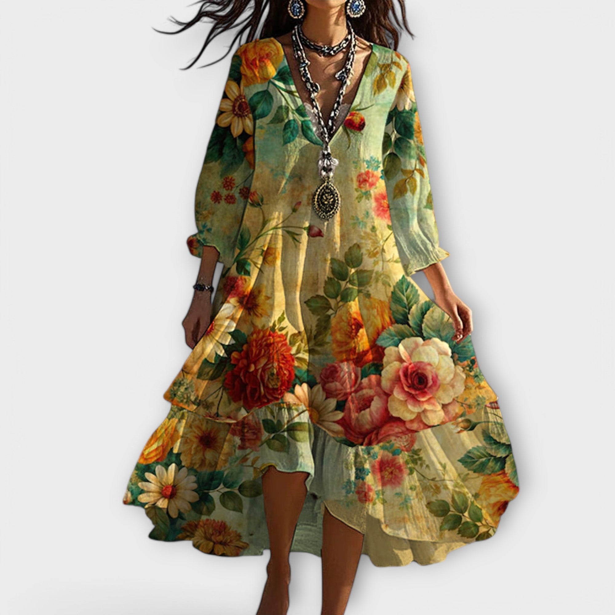 Marina | Blomsterprint Midi Kjole til Sommer