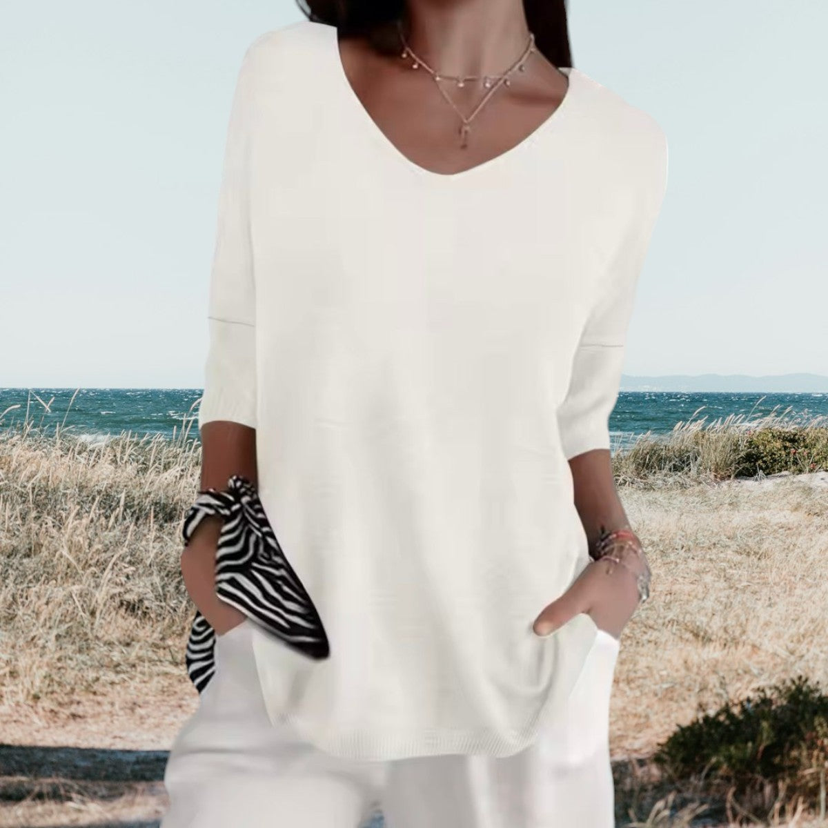 Damebluse med V-Hals til Sommer